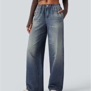 Halara Mid Rise Denim Print French Terry Casual Sweatpants Jeans with Pockets